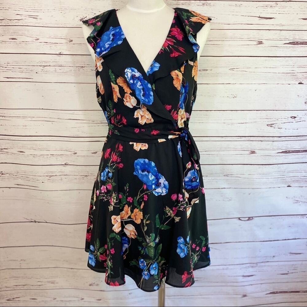 NWT PARKER Floral Ruffle Black Dress Tie Small Flowers Summer Spring Small S
